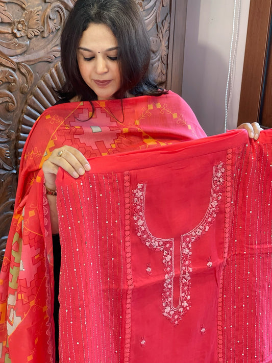 Coral Pink Suit Set with Sequin and Knot handwork in Mul Chanderi - Masakalee