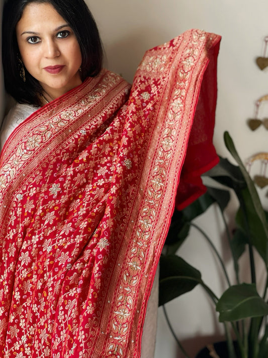 Coral Red Handwoven NeemZari Bareek Bandhani with Dabka Handwork in Pure Georgette - Masakalee