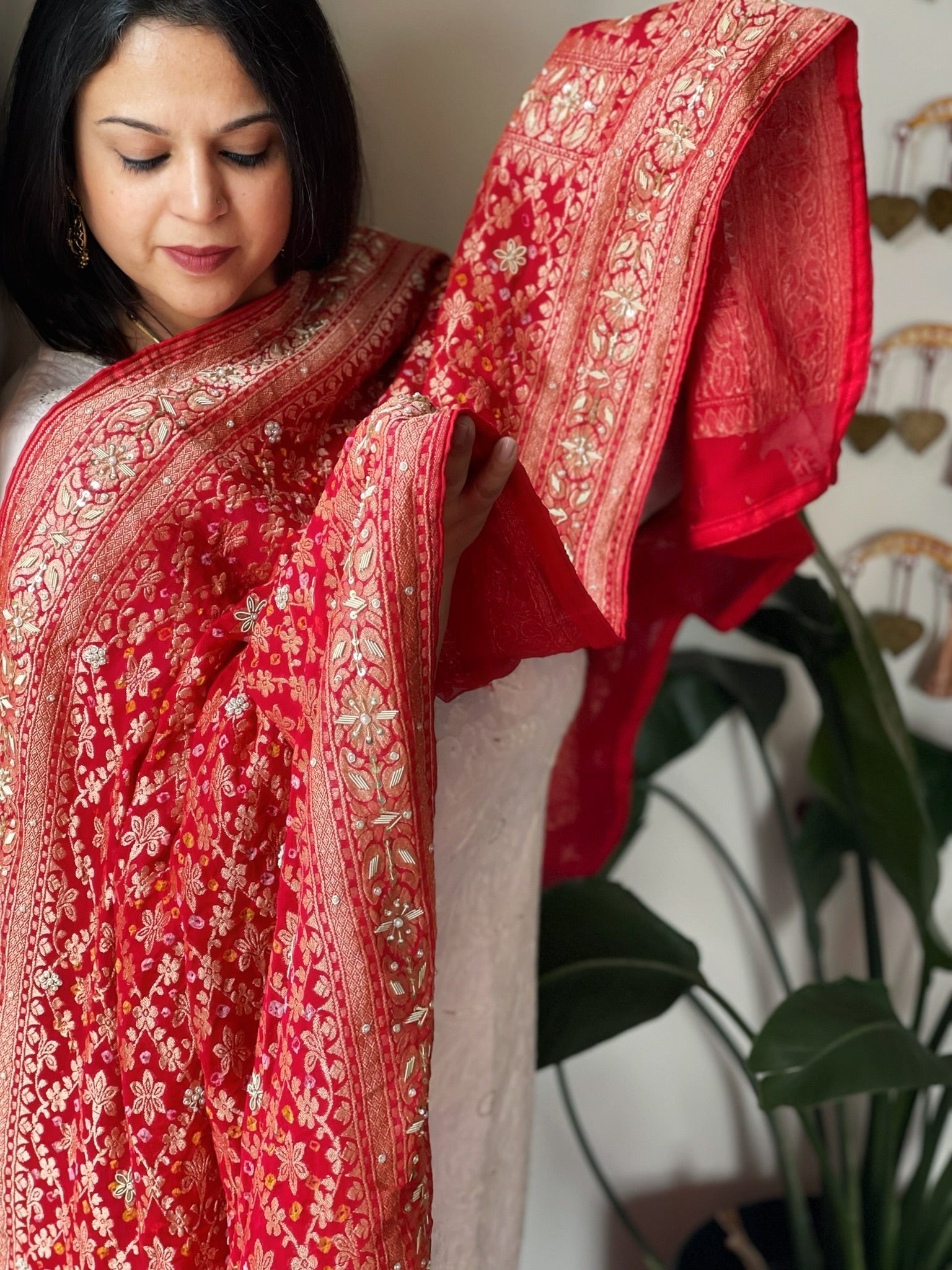 Coral Red Handwoven NeemZari Bareek Bandhani with Dabka Handwork in Pure Georgette - Masakalee