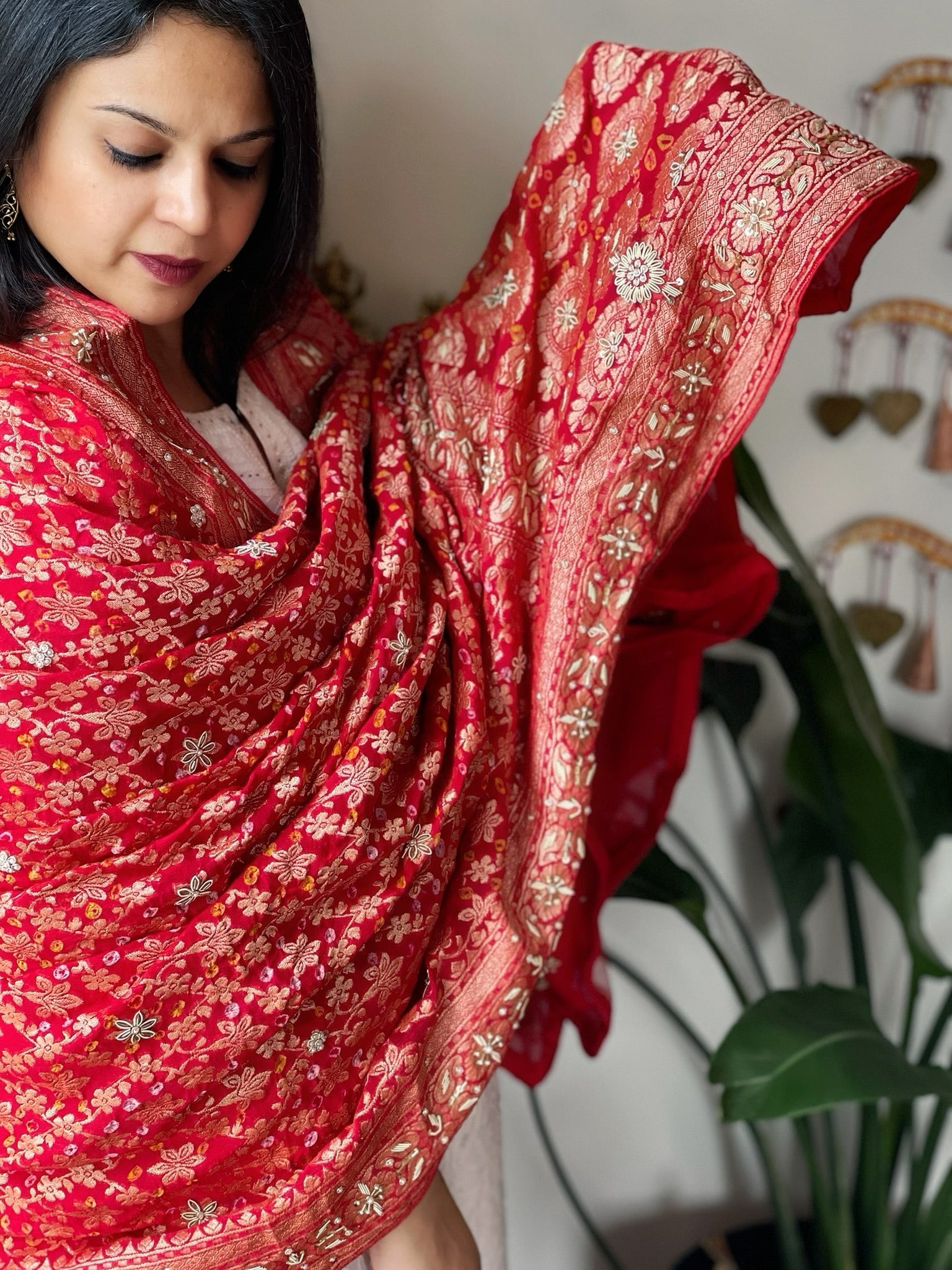 Coral Red Handwoven NeemZari Bareek Bandhani with Dabka Handwork in Pure Georgette - Masakalee