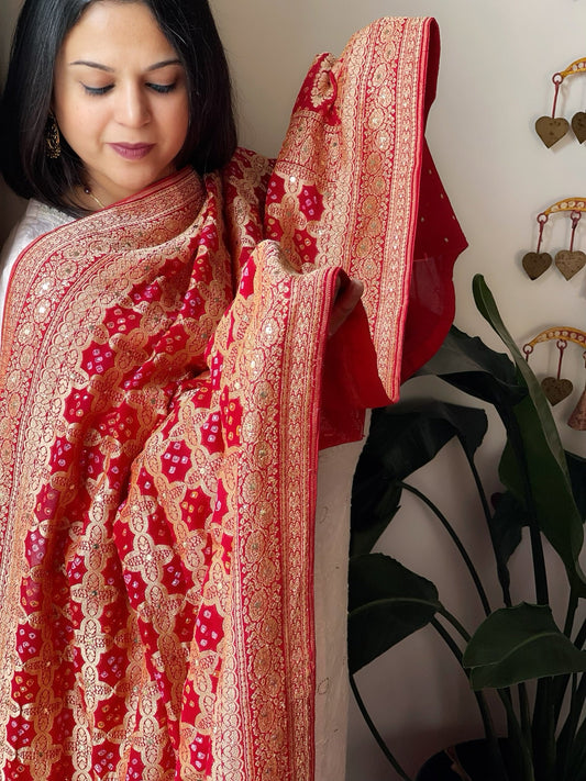 Coral Red Neemzari Bandhani Dupatta with Mukaish Handwork in Georgette - Masakalee