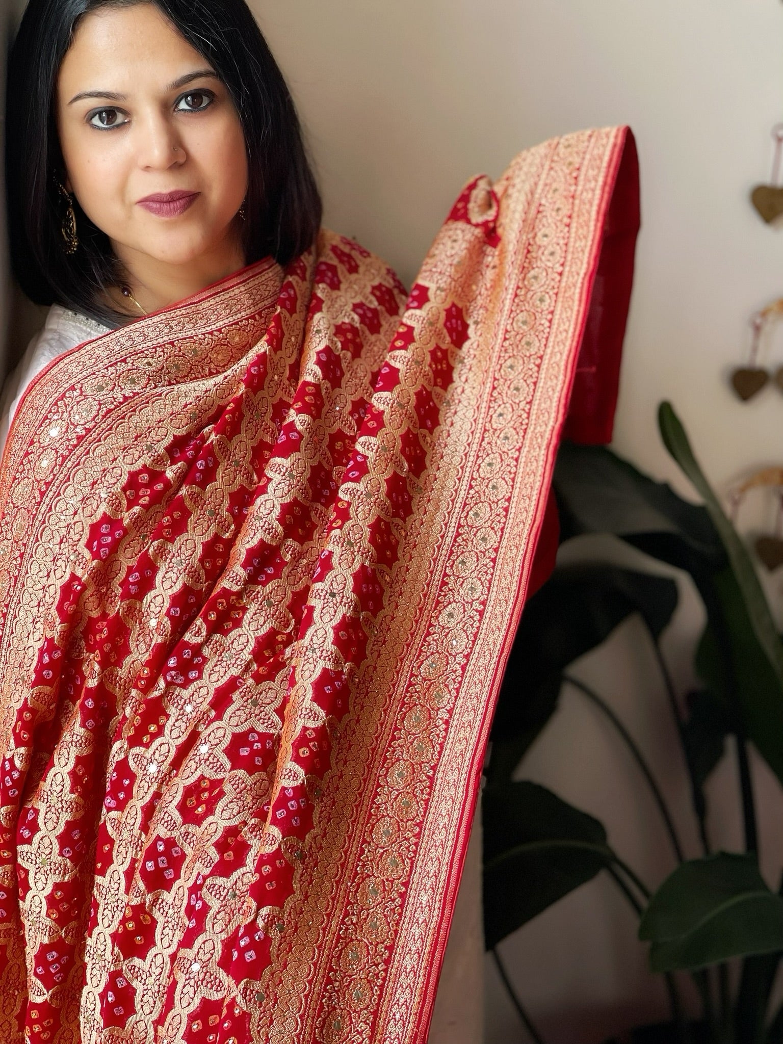 Coral Red Neemzari Bandhani Dupatta with Mukaish Handwork in Georgette - Masakalee