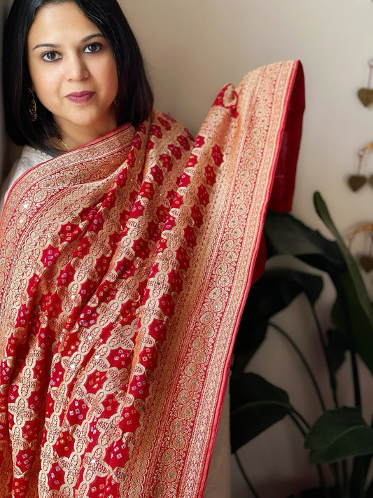 Coral Red Neemzari Bandhani Dupatta with Mukaish Handwork in Georgette - Masakalee