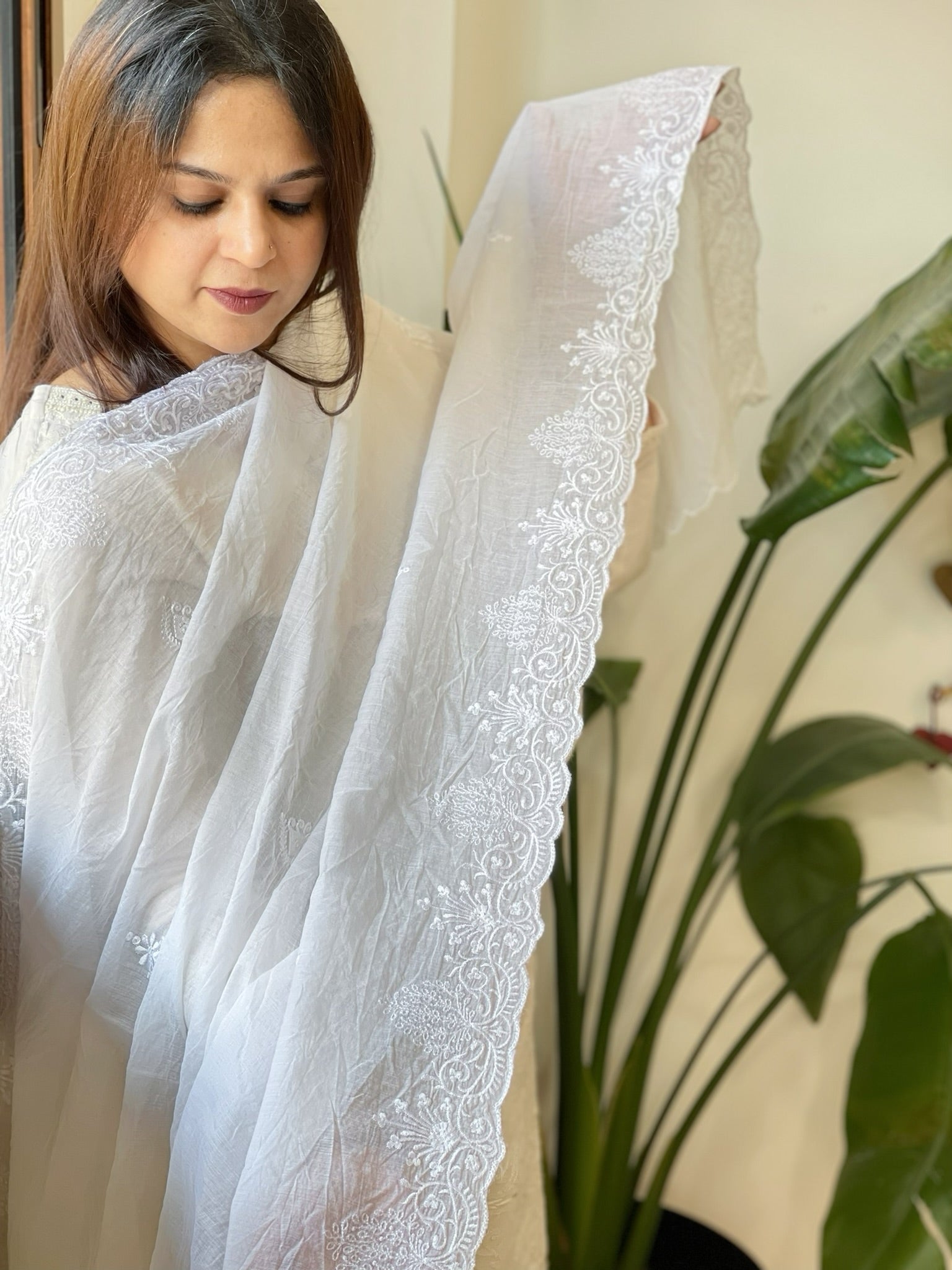 Cotton Dupatta with Thread Embroidered Border - Masakalee