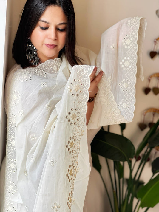 Cotton Dupatta with Thread Embroidery and Foil Mirror Work - Masakalee