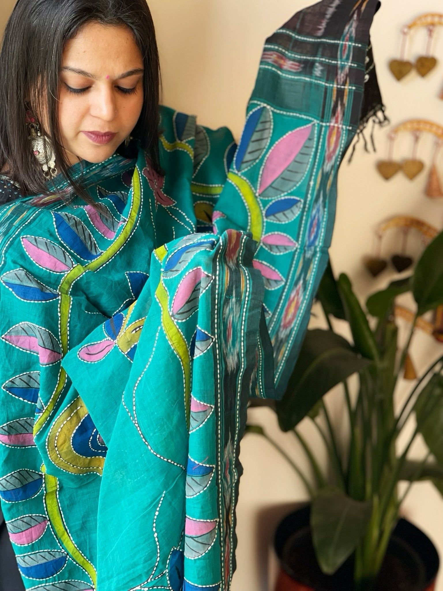 Cotton Handpainted Dupatta with Ikat Pallu and Kantha Stitch Handwork - Masakalee