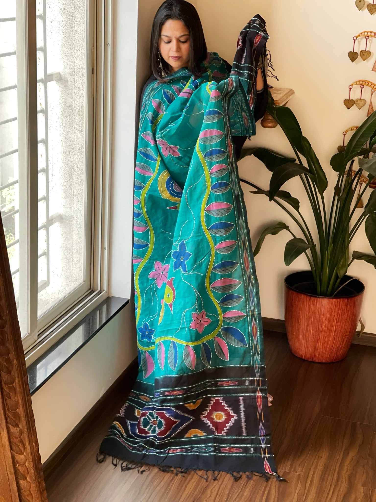 Cotton Handpainted Dupatta with Ikat Pallu and Kantha Stitch Handwork - Masakalee