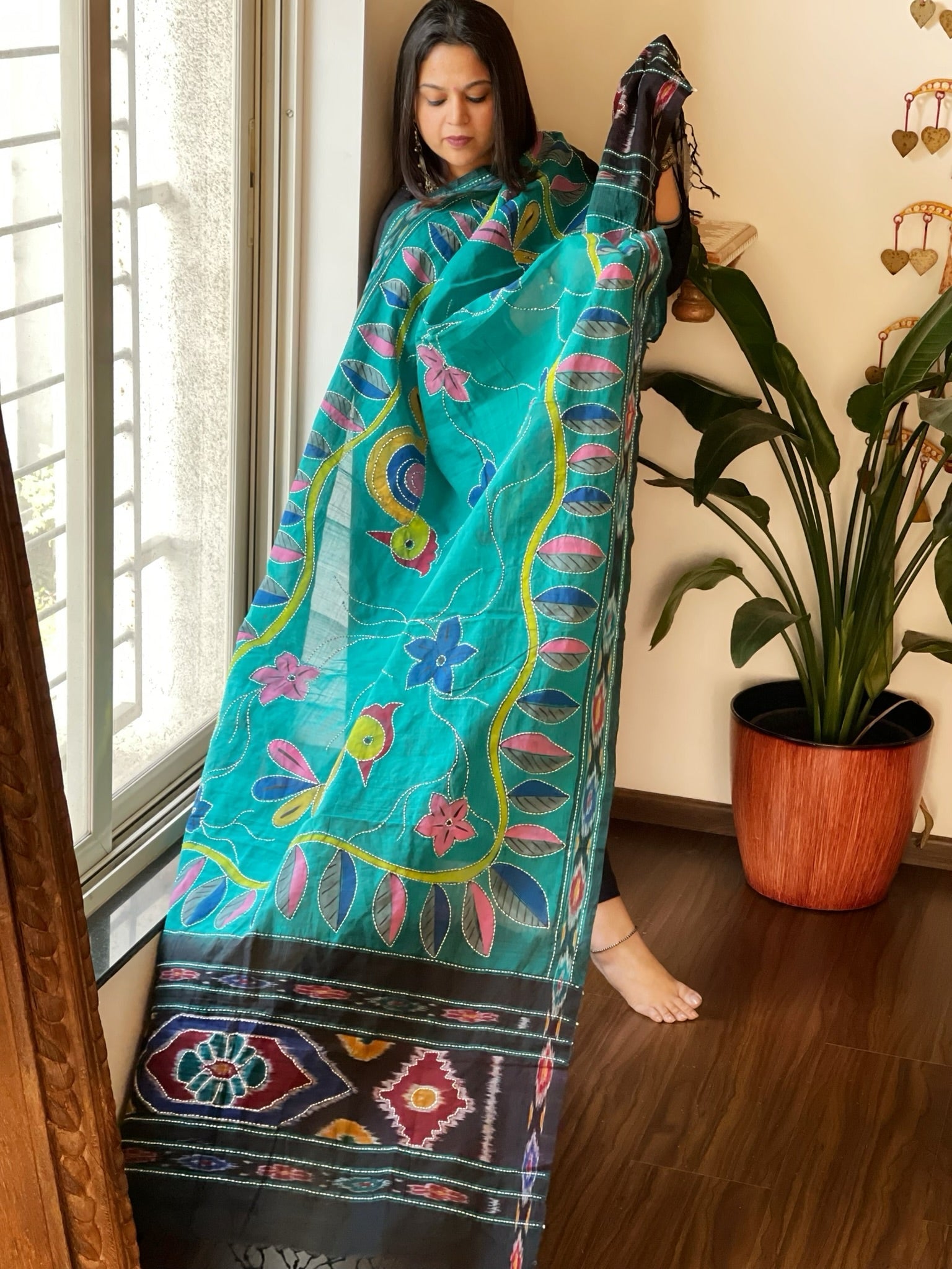 Cotton Handpainted Dupatta with Ikat Pallu and Kantha Stitch Handwork - Masakalee