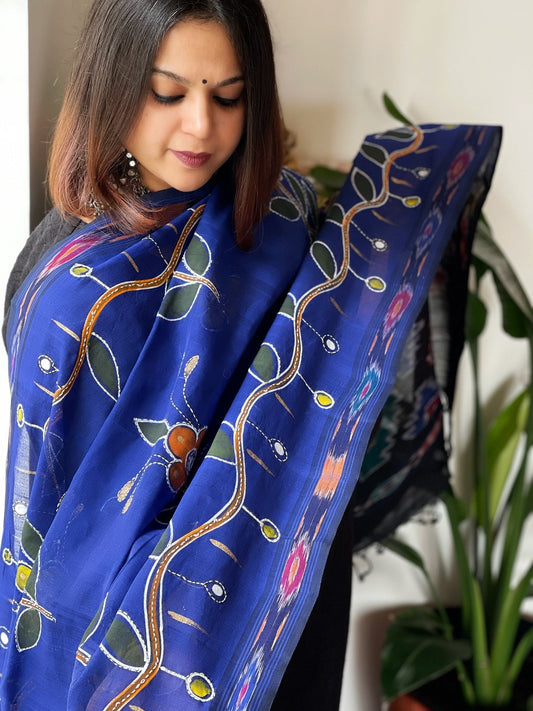 Cotton Handpainted Dupatta with Ikat Pallu and Kantha Stitch Handwork - Masakalee