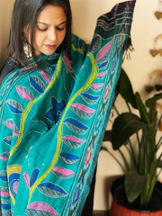 Cotton Handpainted Dupatta with Ikat Pallu and Kantha Stitch Handwork - Masakalee