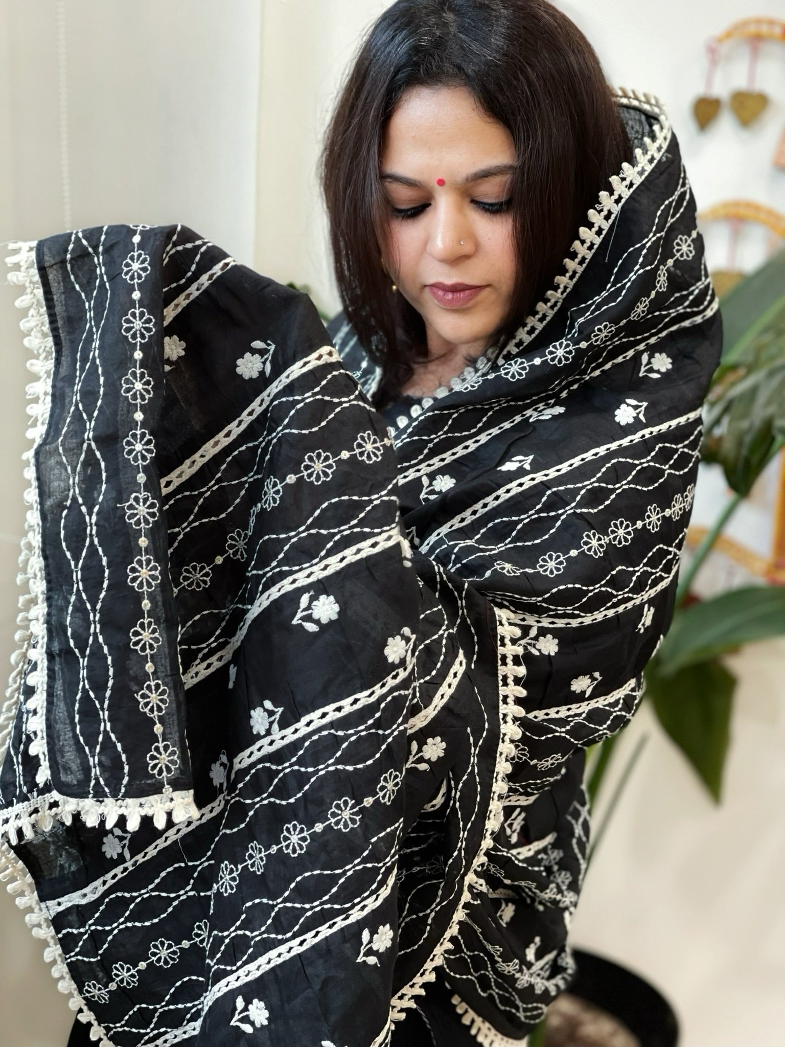 Cotton Patchwork Dupattas with Lace Detailing and Heavy Thread Embroidery - Masakalee