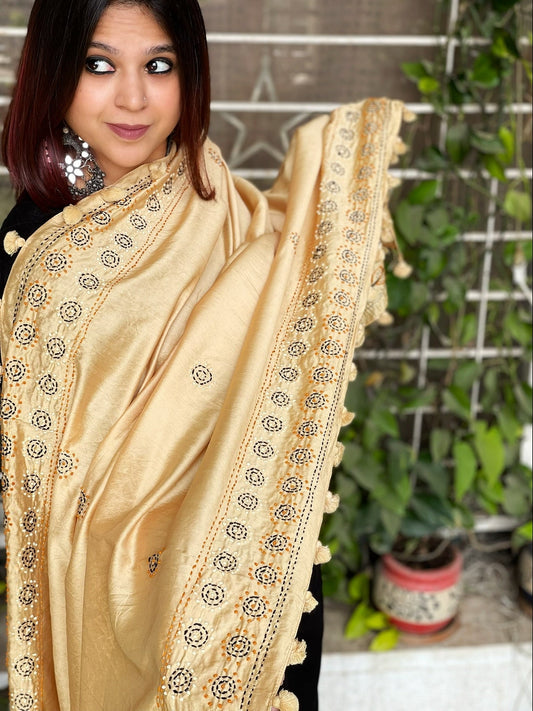 Cotton Silk Dupatta cum Stole with Thread Handwork - Masakalee