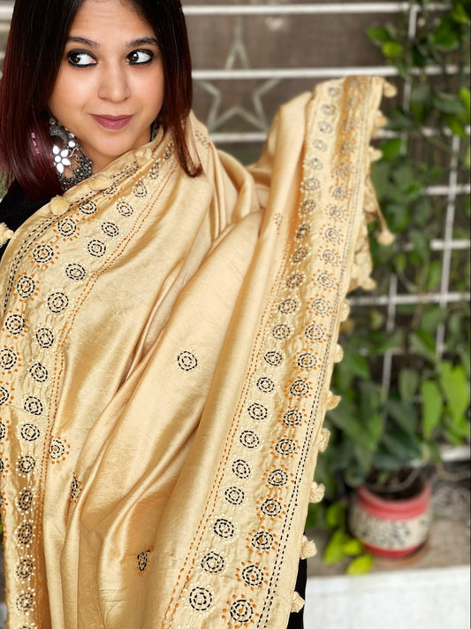 Cotton Silk Dupatta cum Stole with Thread Handwork - Masakalee