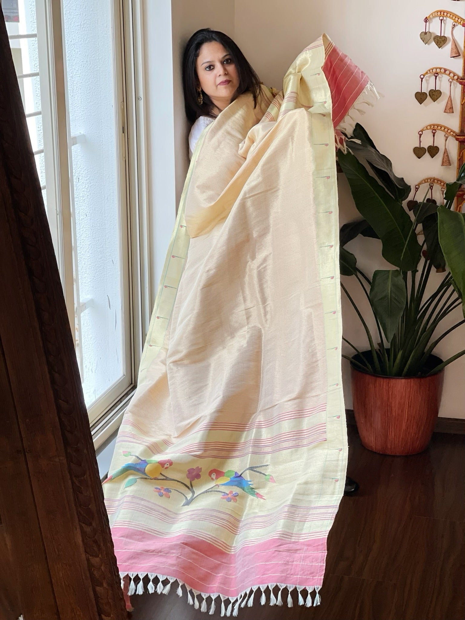 Cream, Carrot Pink Handwoven Paithani Dupatta in Pure Silk - Masakalee