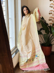 Cream, Carrot Pink Handwoven Paithani Dupatta in Pure Silk - Masakalee