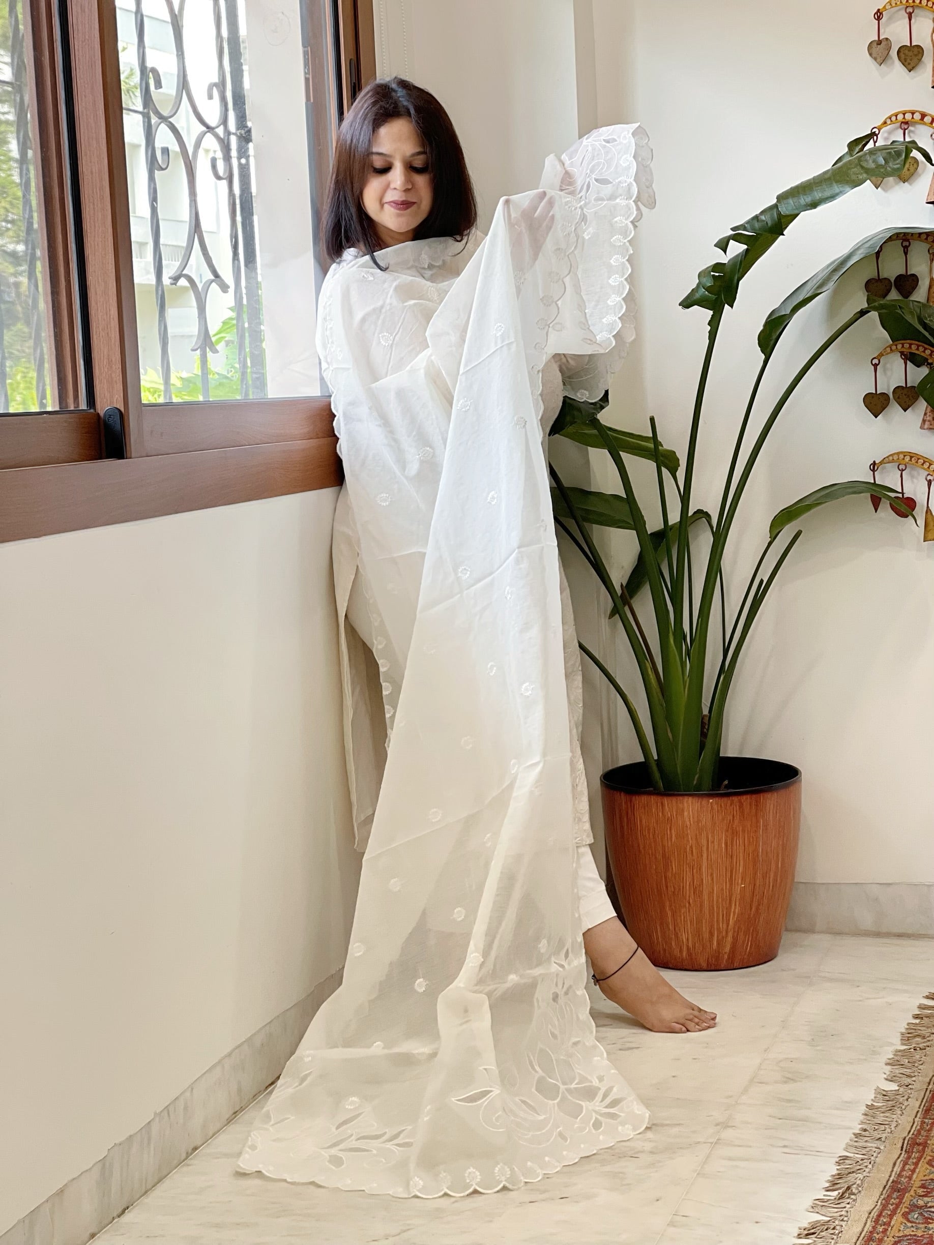 Cream Chanderi Dupatta with Cut Work - Masakalee