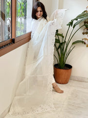 Cream Chanderi Dupatta with Cut Work and Mirror Work - Masakalee