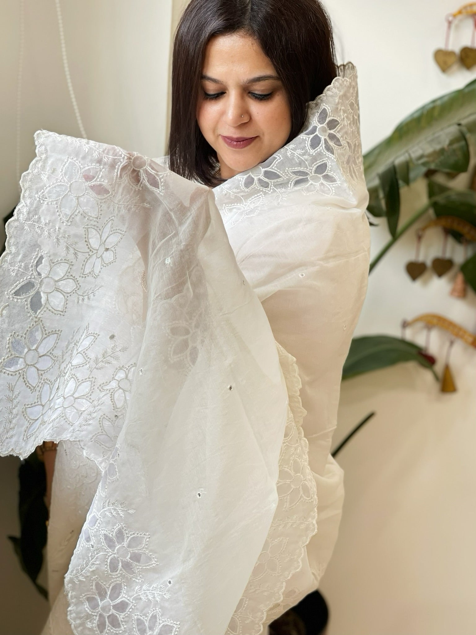 Cream Chanderi Dupatta with Cut Work and Mirror Work - Masakalee