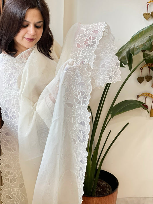 Cream Chanderi Dupatta with Cut Work and Mirror Work - Masakalee