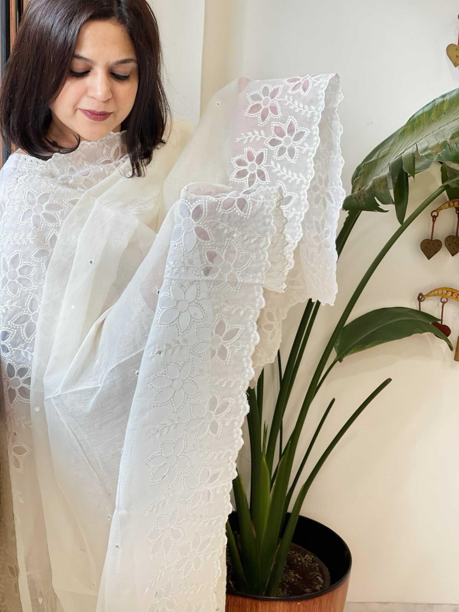 Cream Chanderi Dupatta with Cut Work and Mirror Work - Masakalee