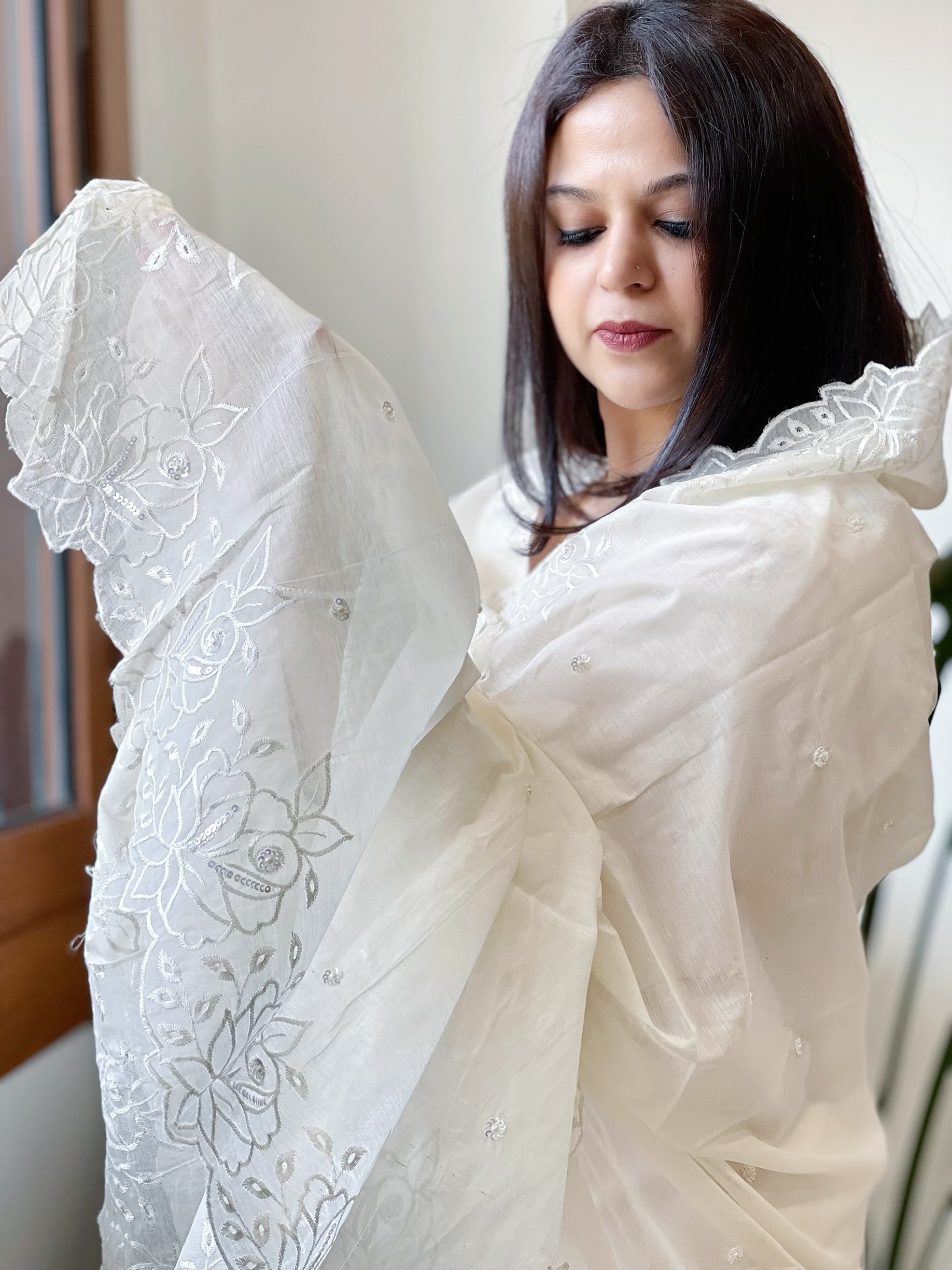 Cream Chanderi Dupatta with Thread and Pearl Embroidery - Masakalee