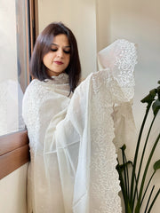Cream Chanderi Dupatta with Thread and Pearl Embroidery - Masakalee