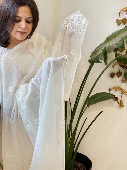 Cream Chanderi Dupatta with Thread Embroidery - Masakalee