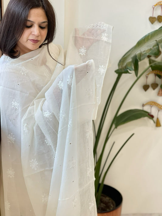 Cream Chanderi Dupatta with Thread Embroidery - Masakalee