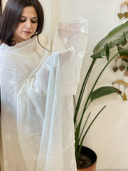 Cream Chanderi Dupatta with Thread Embroidery - Masakalee