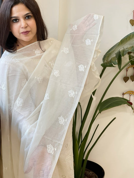 Cream Chanderi Dupatta with Thread Embroidery - Masakalee