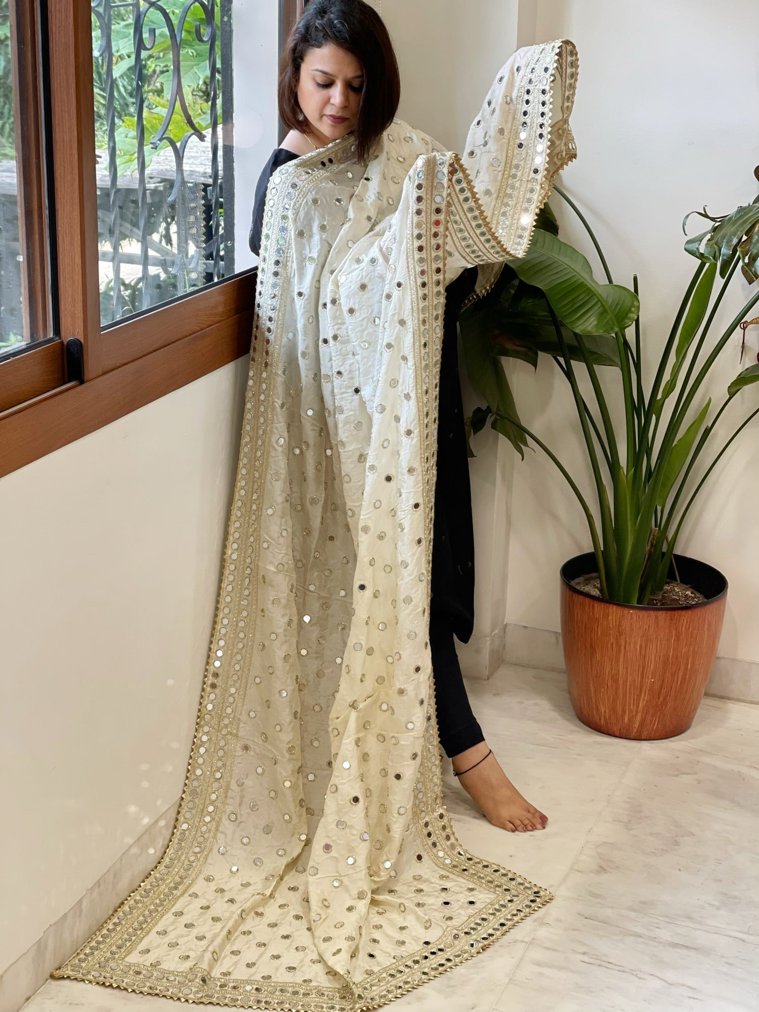 Cream Crepe Dupatta with Mirror and Cut Daana Work with Gota Lace Border - Masakalee