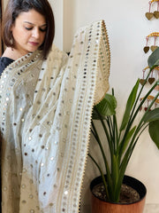 Cream Crepe Dupatta with Mirror and Cut Daana Work with Gota Lace Border - Masakalee