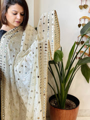 Cream Crepe Dupatta with Mirror and Cut Daana Work with Gota Lace Border - Masakalee