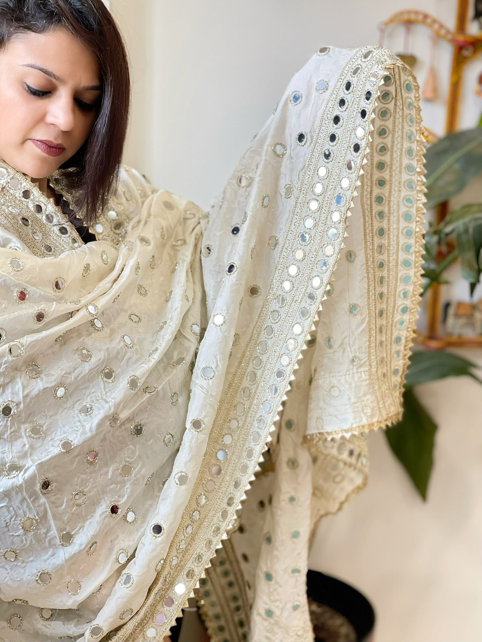 Cream Crepe Dupatta with Mirror and Cut Daana Work with Gota Lace Border - Masakalee