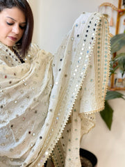 Cream Crepe Dupatta with Mirror and Cut Daana Work with Gota Lace Border - Masakalee