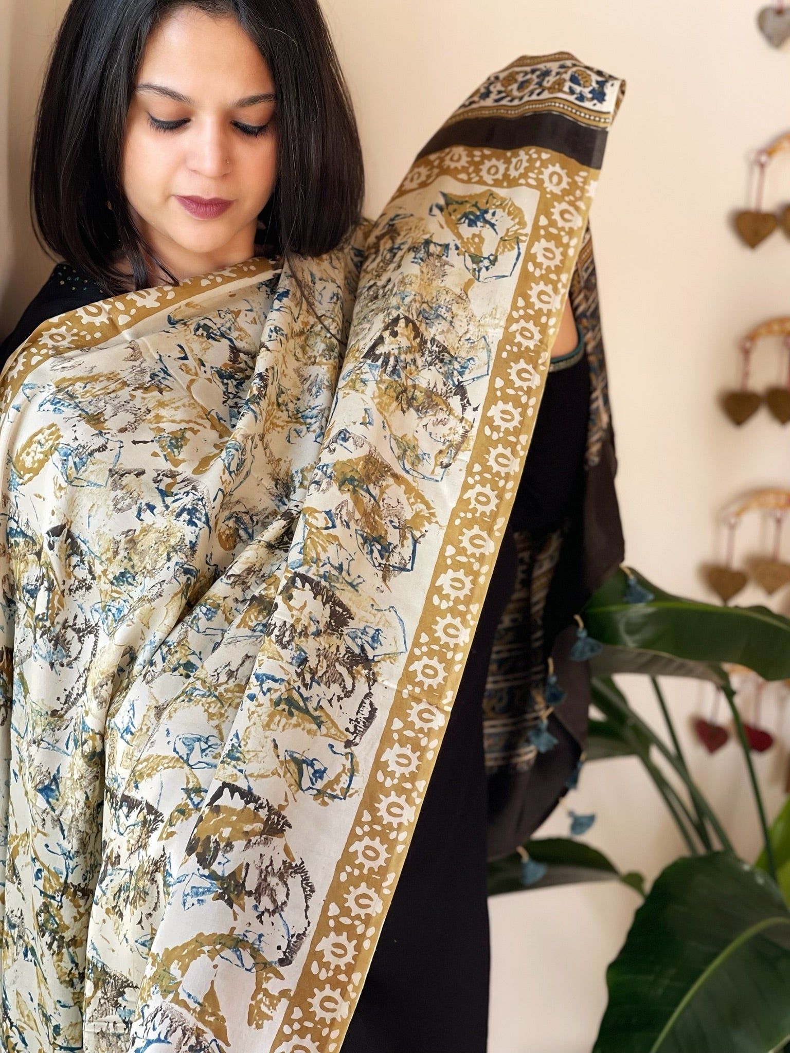 Cream Designer Handblock Ajrakh Dupatta in Modal Silk - Masakalee
