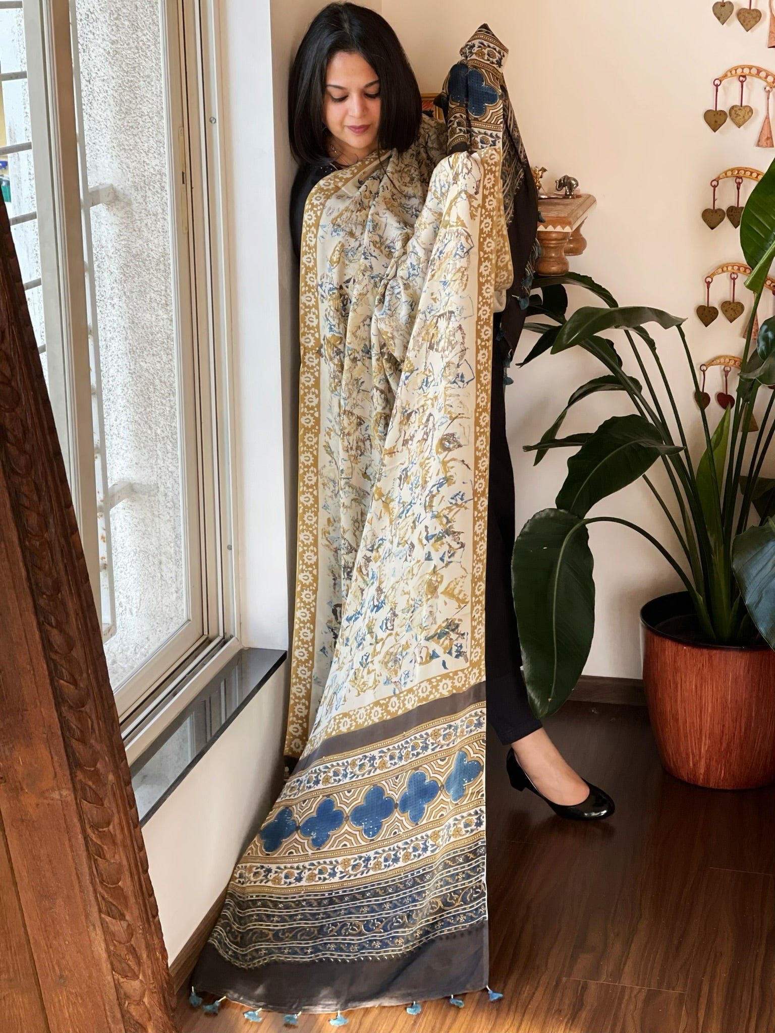 Cream Designer Handblock Ajrakh Dupatta in Modal Silk - Masakalee