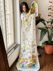 Cream Handpainted Dupatta with Kantha Stitch Handwork in Linen - Masakalee