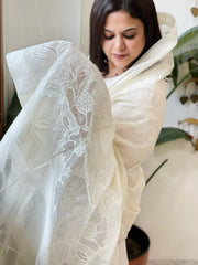 Cream Handwoven Chanderi Dupatta with Self Weaving and Cut Work Pallu - Masakalee