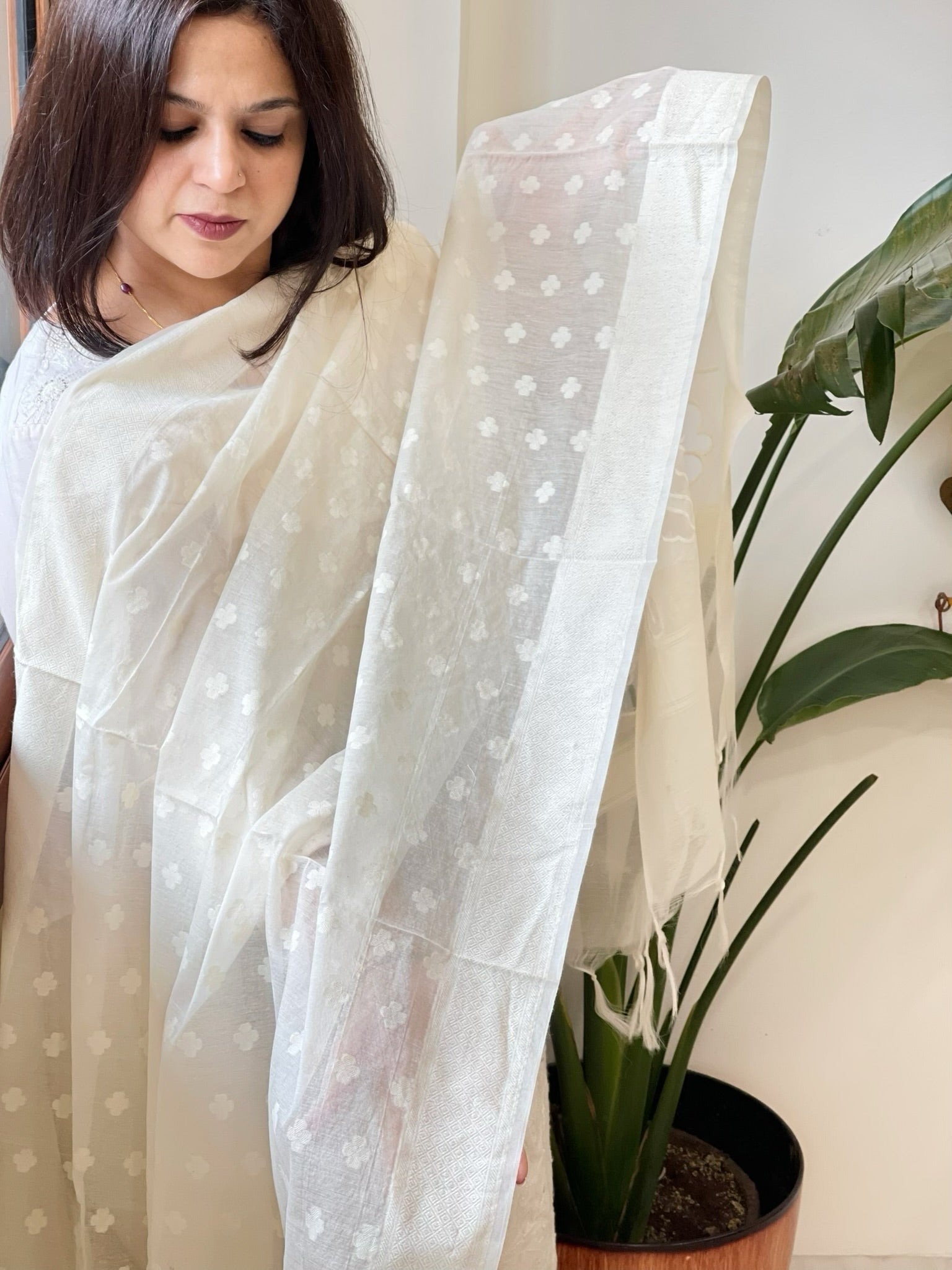 Cream Handwoven Chanderi Dupatta with Self Weaving and Cut Work Pallu - Masakalee