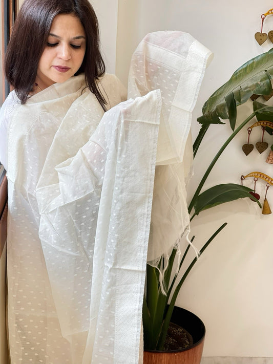Cream Handwoven Chanderi Dupatta with Self Weaving and Cut Work Pallu - Masakalee