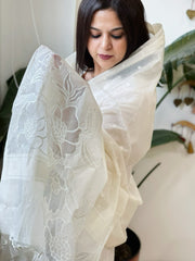 Cream Handwoven Chanderi Dupatta with Self Weaving and Cut Work Pallu - Masakalee
