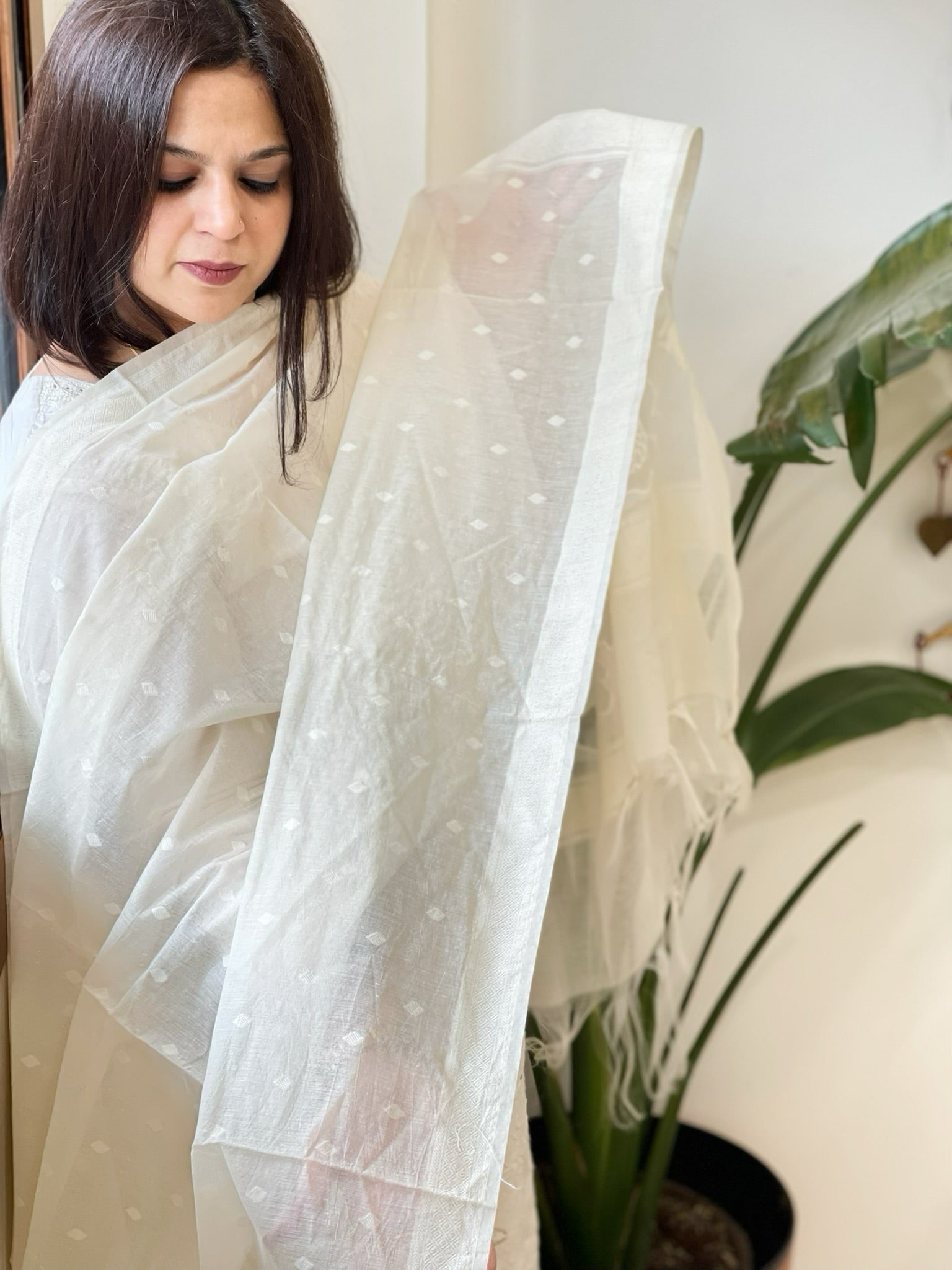 Cream Handwoven Chanderi Dupatta with Self Weaving and Cut Work Pallu - Masakalee