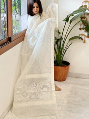 Cream Handwoven Chanderi Dupatta with Self Weaving and Cut Work Pallu - Masakalee