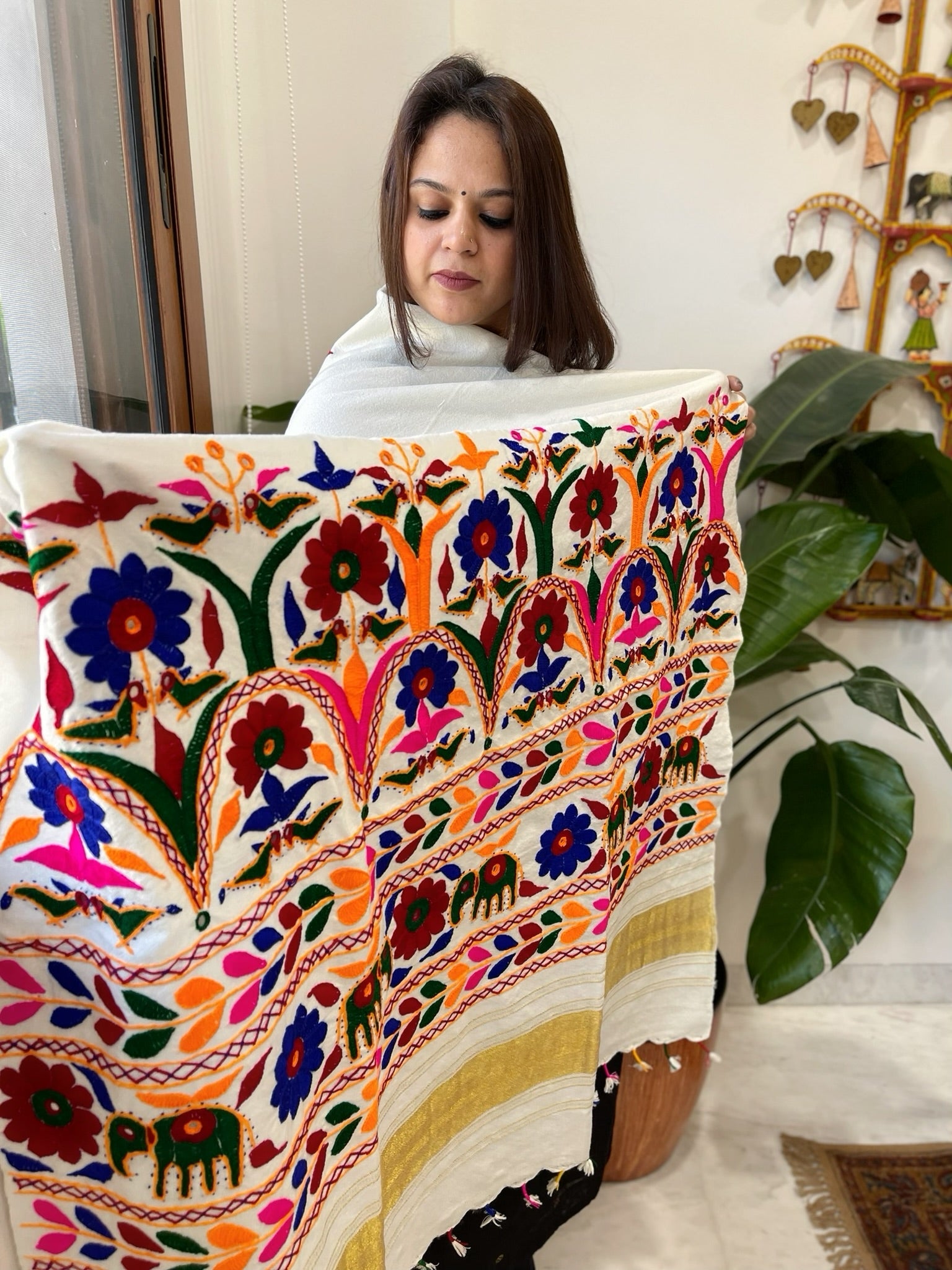 Cream Handwoven Woollen Shawl with Thread and Foil Mirror Handwork - Masakalee