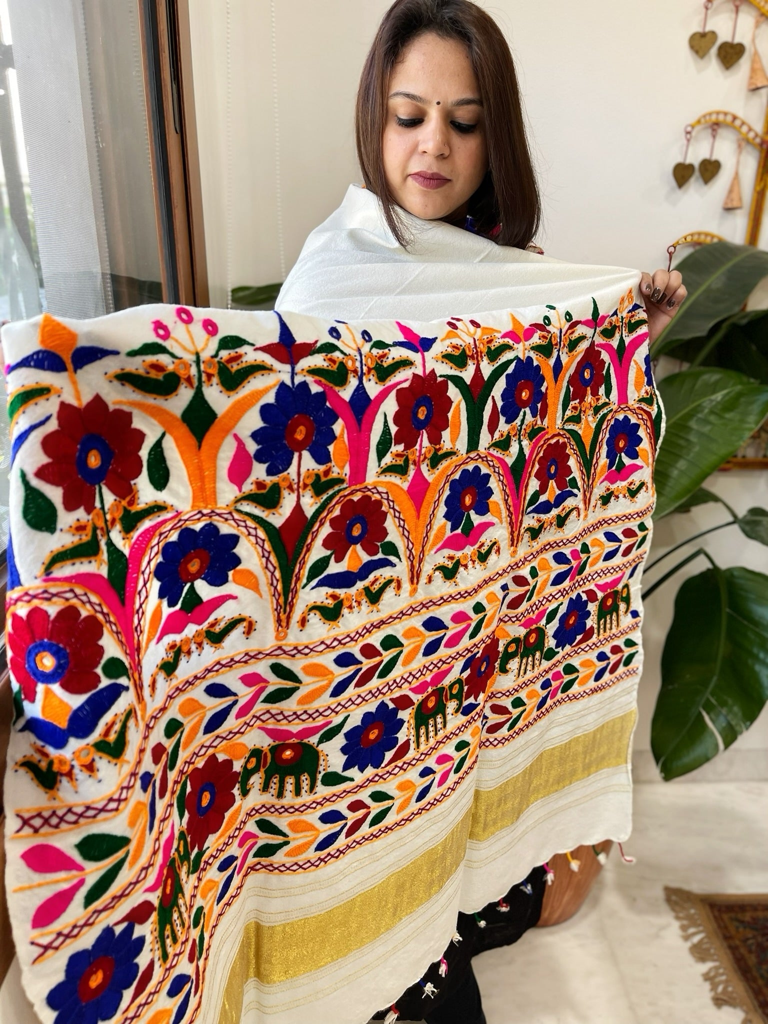 Cream Handwoven Woollen Shawl with Thread and Foil Mirror Handwork - Masakalee