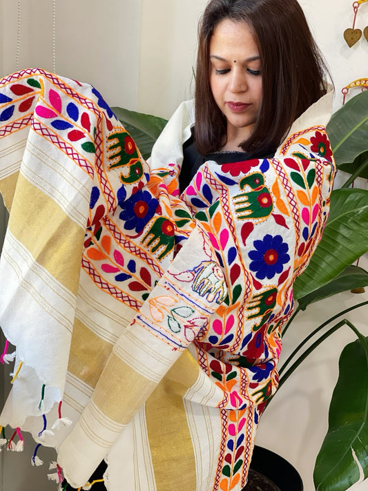 Cream Handwoven Woollen Shawl with Thread and Foil Mirror Handwork - Masakalee