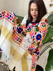 Cream Handwoven Woollen Shawl with Thread and Foil Mirror Handwork - Masakalee