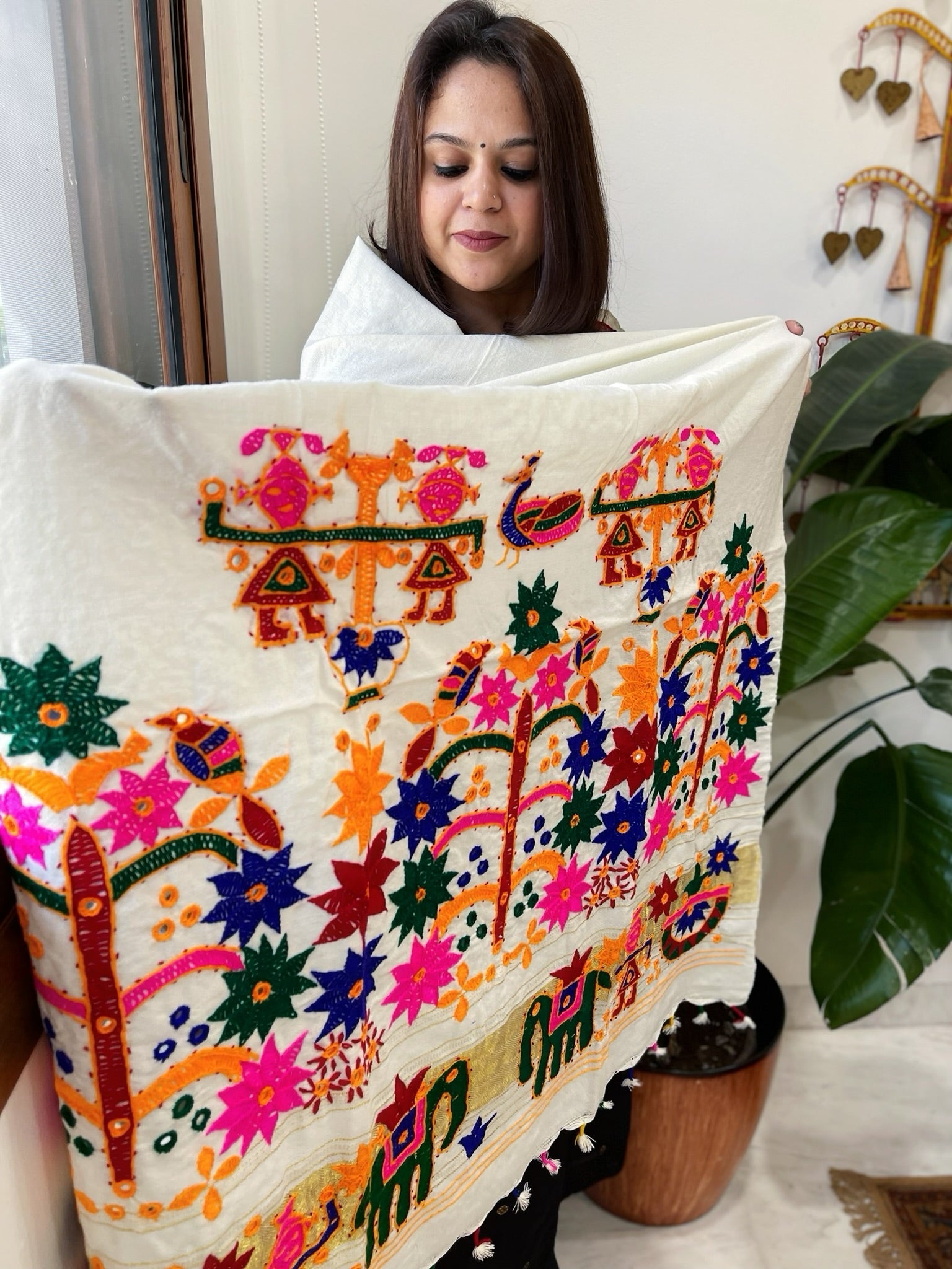 Cream Handwoven Woollen Shawl with Thread and Foil Mirror Handwork - Masakalee