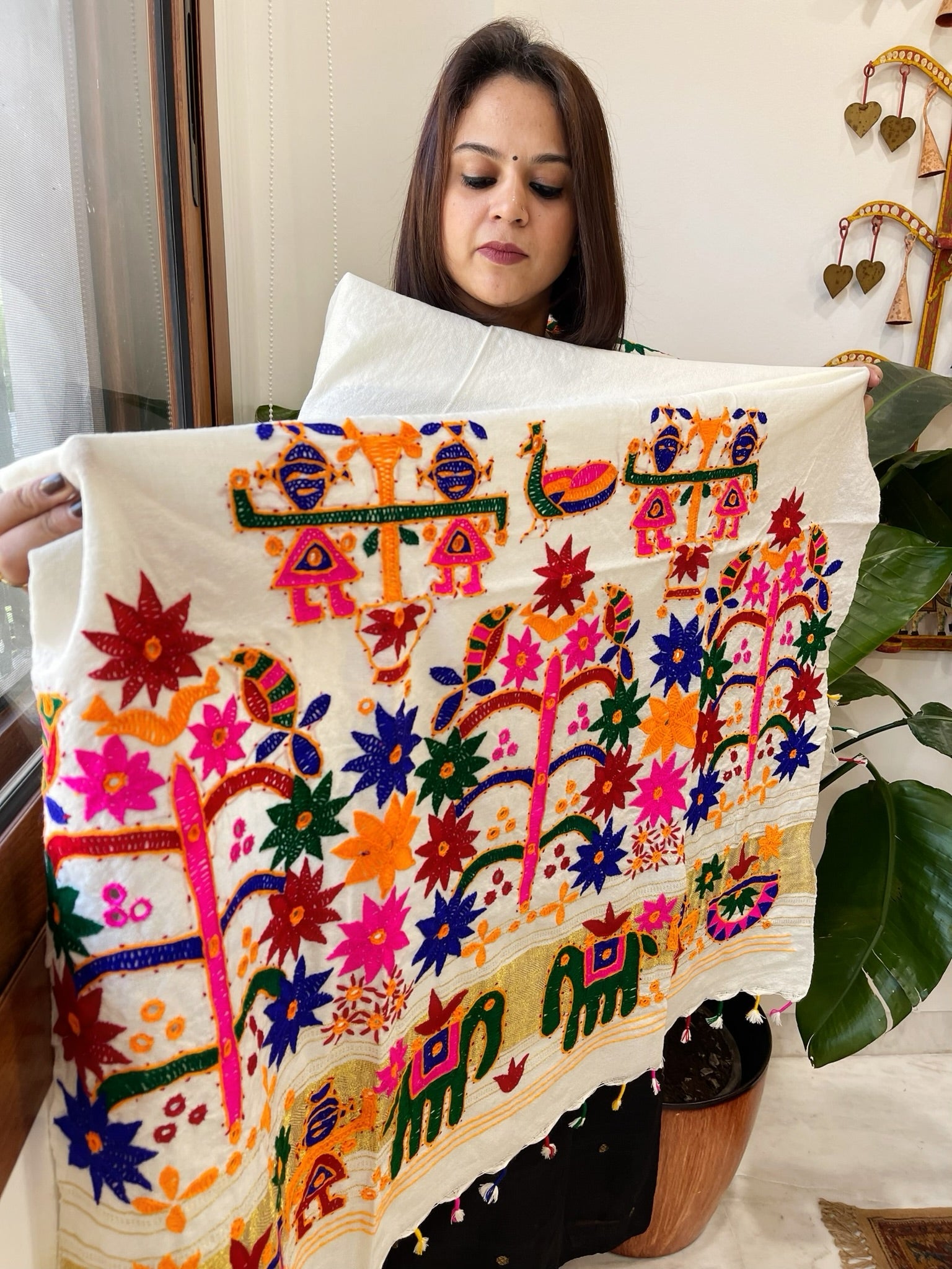 Cream Handwoven Woollen Shawl with Thread and Foil Mirror Handwork - Masakalee